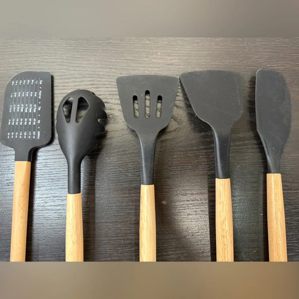 Bamboo Handle Silicone Kitchen Utensil Set 5-Piece Black Non-Scratch